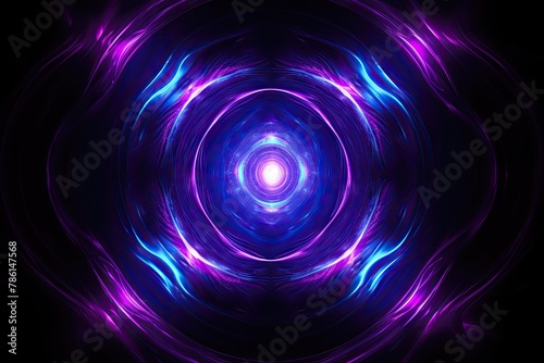 Abstract fractal background tunnel made of luminous blue and purple neon lights.