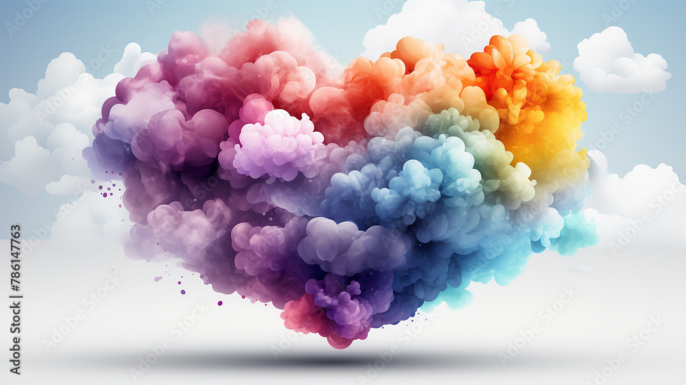 Fototapeta premium Multicolored heart of colorful clouds, romantic bright greeting card for Valentine's Day on February 14th, a symbol of love