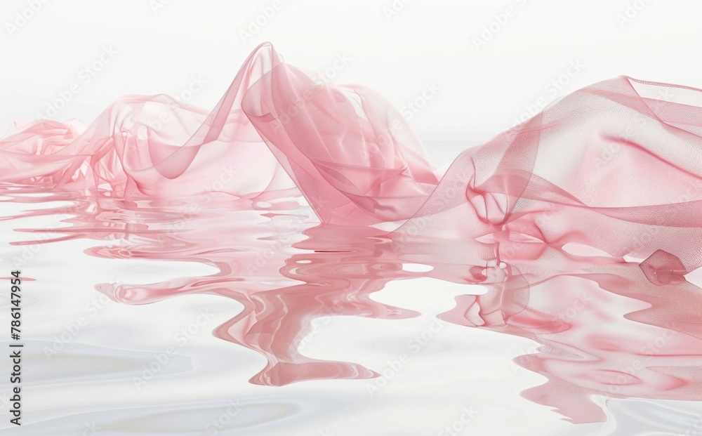 3D rendering of water surface, clear water surface, floating pink transparent silk fabric in floating fabric style, white background, C4d modeling with octane rendering