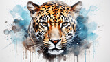 Jaguar, spotted tiger, wild cat, leopard in colored splashes of watercolor paints on a white background