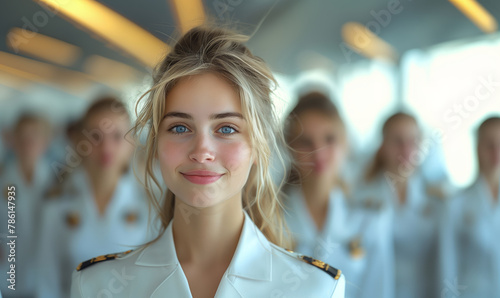 Young happy blonde woman in uniform on board the plane against the background of the team or crew