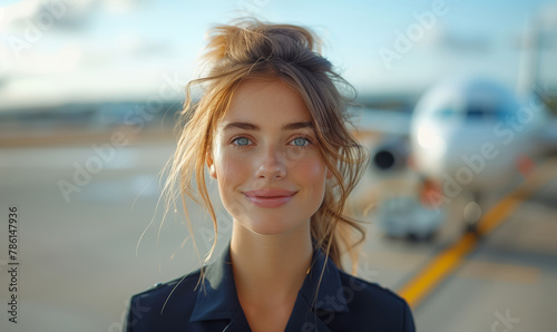 Stewardess woman at morning time sunrise on airport and background with plane