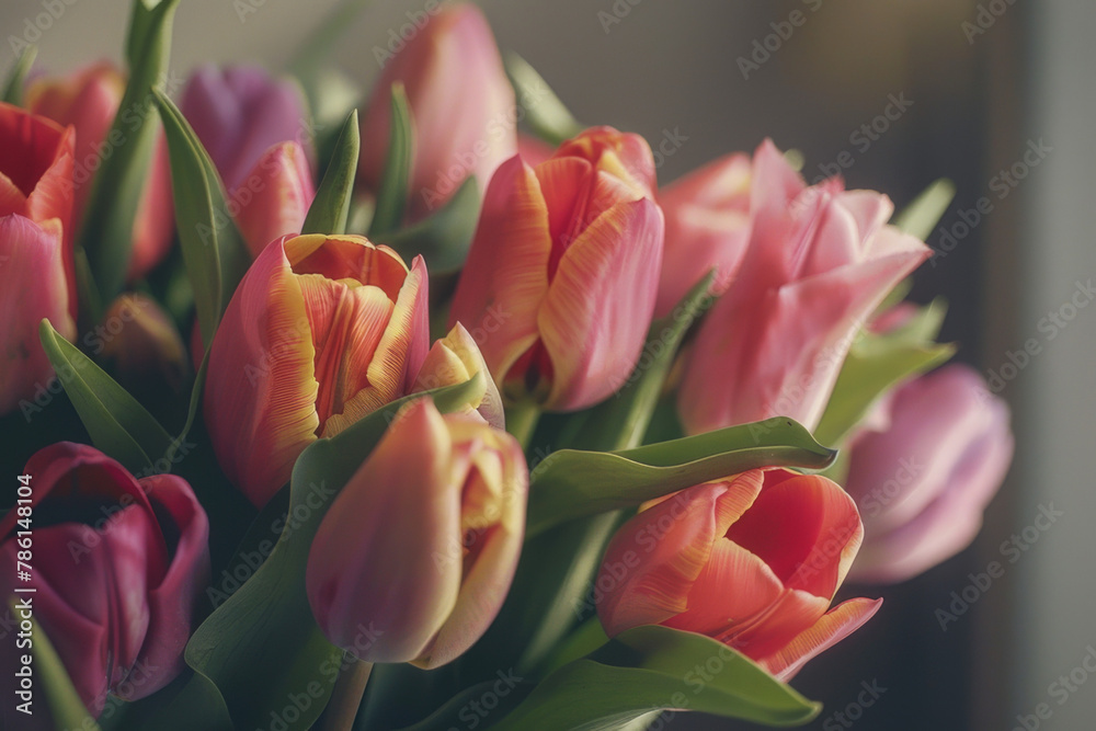 A floral arrangement featuring variegated tulips as the centerpiece - Generative AI A floral arrangement featuring variegated tulips as the centerpiece - Generative AI