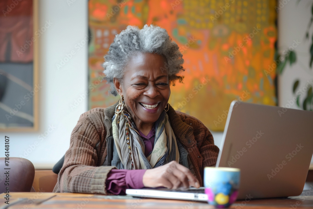 Elderly woman laughing with laptop in café Elderly woman laughing with laptop in café