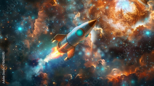 A charming space-themed wallpaper featuring a whimsical cartoon rocket embarking on an interstellar adventure through a mesmerizing galaxy photo