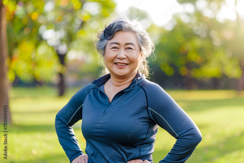 Smiling senior sportswoman against nature backdrop Smiling senior sportswoman against nature backdrop