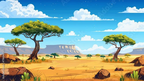 An animal safari poster with an African savannah landscape. A modern illustration of a sandscape in Africa with trees, grass, cacti, and stones. photo