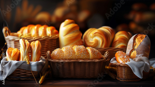 A basket of pastries sits on a table, including croissants, bagels, and other baked goods. the pastries are displayed in baskets and arranged on a tablecloth. bread baskets for bakery