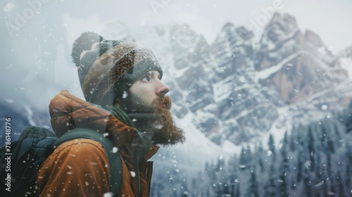 Styled bearded traveler looking into the distance. A gorgeous mountain landscape backdrop creates a vintage feel.