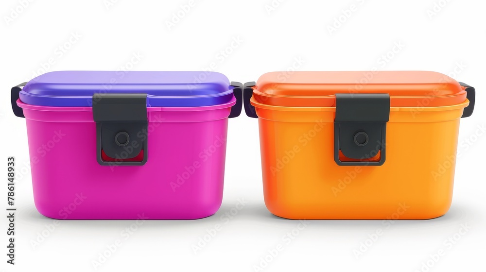 Various plastic food containers featuring clipping paths and latch locks. Storage for frozen products, closed lunchbox for meal, isolated packages view front and angle, 3D modern mockup. Various plastic food containers featuring clipping paths and latch locks. Storage for frozen products, closed lunchbox for meal, isolated packages view front and angle, 3D modern mockup.
