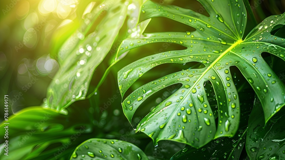 Obraz premium Close-up lush green monstera leaves adorned with rain or dew drops in a tropical wood. 