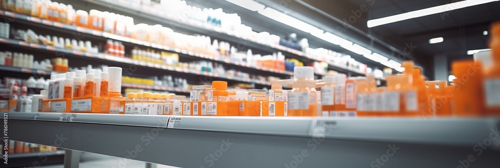 pharmacy drugstore shelves interior blurred abstract background with copy space