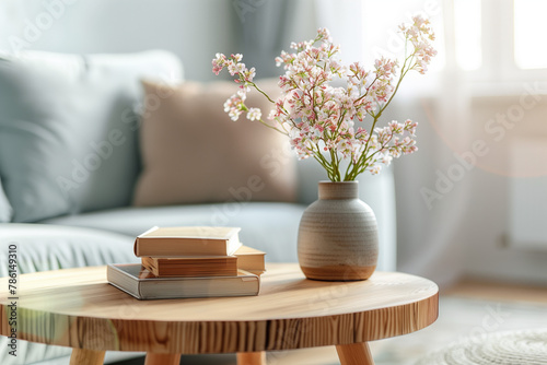 Modernes Interieur, runder Holztisch mit Büchern und einer Vase im Vordergrund, graues Sofa vor einem Fenster mit Frühlingsblumen, unscharfer Hintergrund eines modernen Wohnzimmers, Wohnkultur Konzept