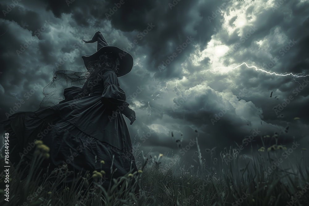 A witch is standing in a field with a lightning bolt in the air