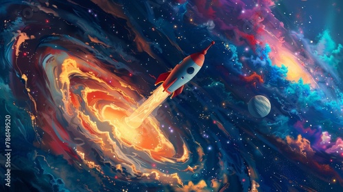 An enchanting illustration showcasing a space-themed wallpaper adorned with a cheerful cartoon rocket exploring an enchanting galaxy of swirling colors