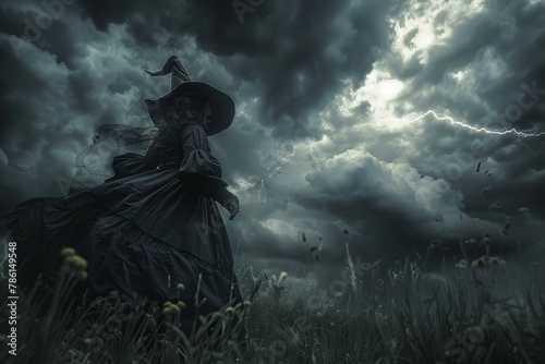 A witch is standing in a field with a lightning bolt in the air © Phuriphat