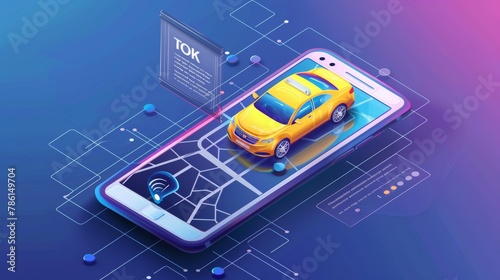 Banner for an online taxi service with an isometric illustration of a yellow car on a smartphone screen with a map. photo