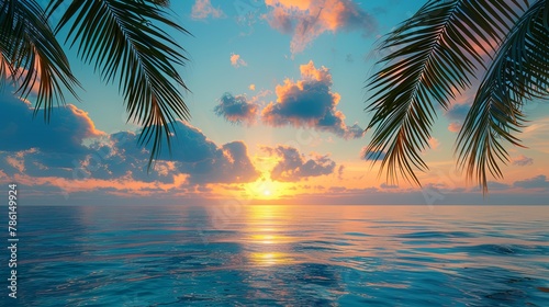 Serene sunset view through palm fronds over a calm ocean horizon.