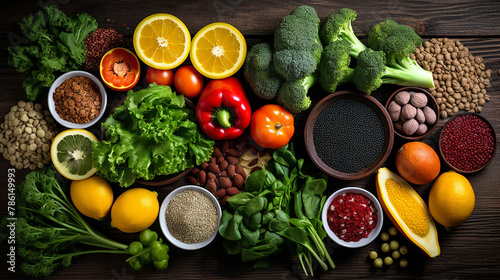 Healthy food clean eating selection fruit, vegetable, seeds, superfood, cereal, leaf vegetable on dark wood background, top eyes view.
