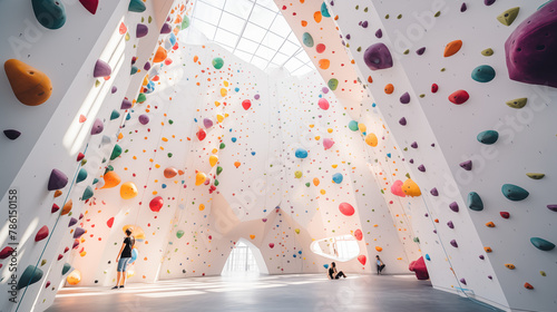 climbing white wall with colourful artificial elements in the bouldering center