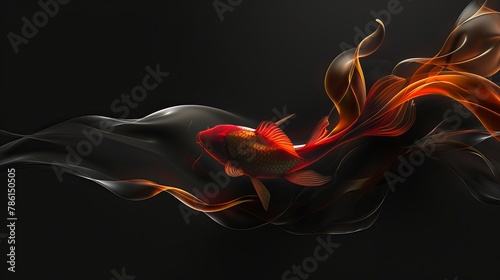 Close-up of carp tail, flowing 3D abstract shape on black background, red and gold color