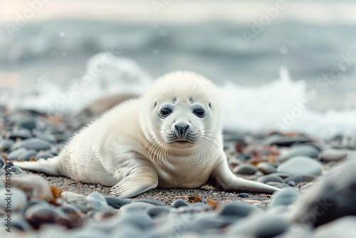 Cute white baby seal on sand beach, copy space photo
