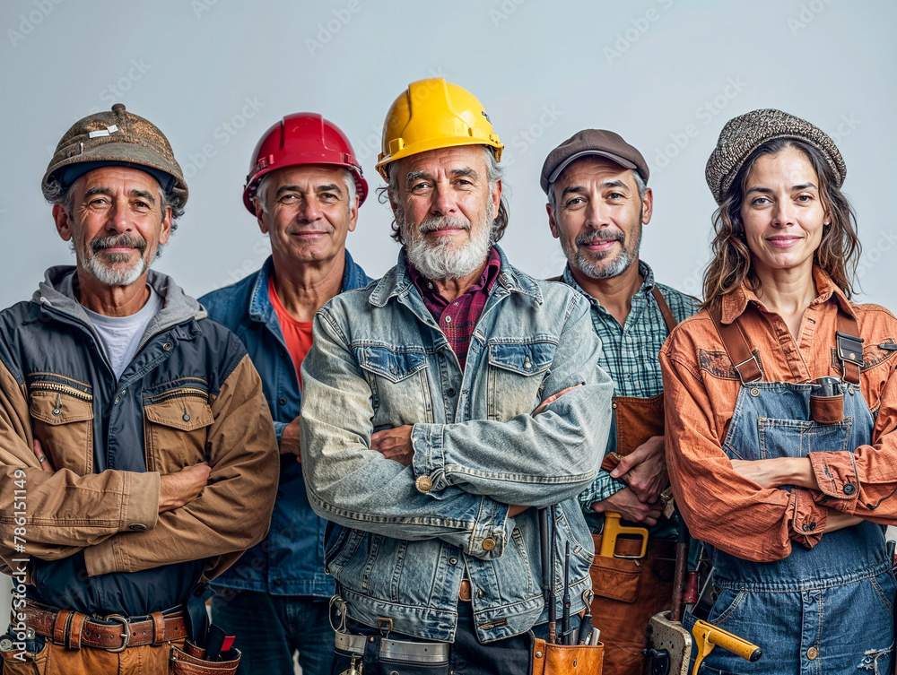 The construction workers pose next to each other with protective helmets and work tools The construction workers pose next to each other with protective helmets and work tools