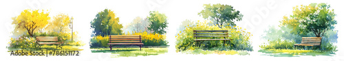 Watercolor illustration of bench in park in summer or spring isolated on white