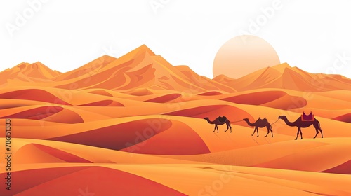 A desert scene with sand dunes in simple flat vector illustration style. A caravan or herd walking across a large area towards distant mountains in a minimalist design style. photo