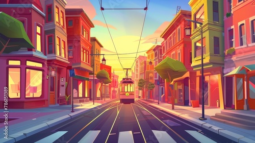 An evening city street with trams, houses, and an empty road with pedestrian crossings at sunset. Modern parallax background for 2D animation of a night city with trams and buildings. © Mark