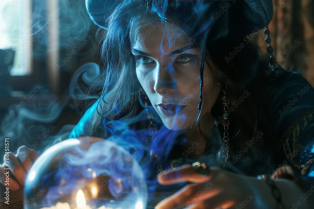 A woman is holding a crystal ball and looking at it A woman is holding a crystal ball and looking at it