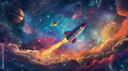 A whimsical space-themed wallpaper adorned with a cheerful cartoon rocket flying amidst a captivating galaxy filled with stars and planets