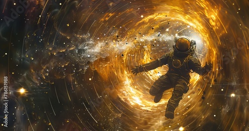 A futuristic astronaut in a tight black and gold suit flying and falling through a translucent intergalactic interstellar wormhole