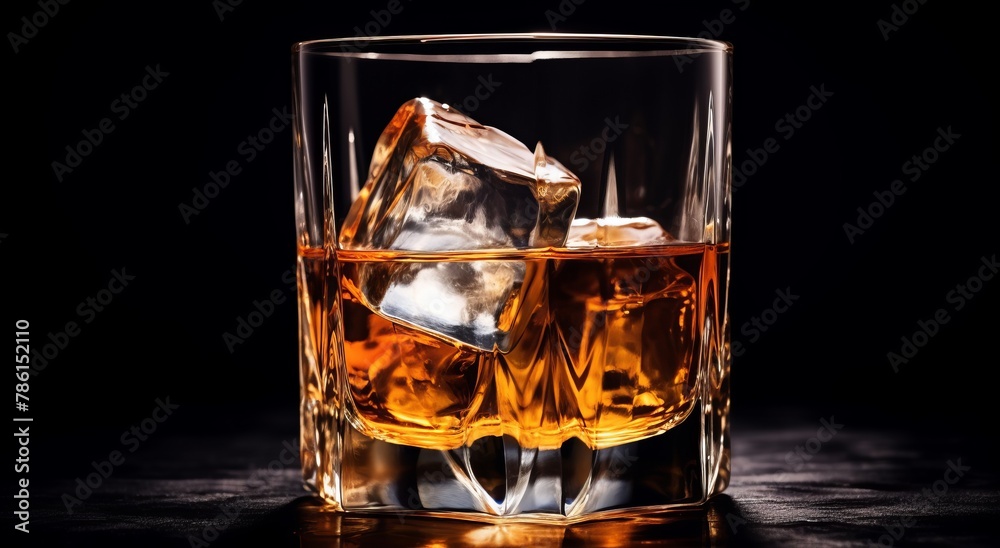 Whiskey with ice in a glass, on a dark background