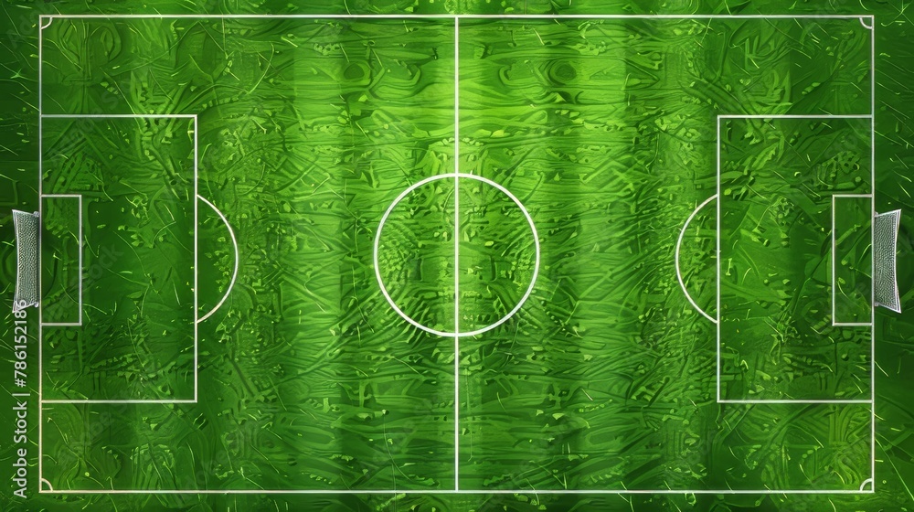 The top view of a soccer field texture. Green lawn background with grass and white lines. Sport arena, stadium for football games, competitions, tournaments. Realistic 3D modern illustration.