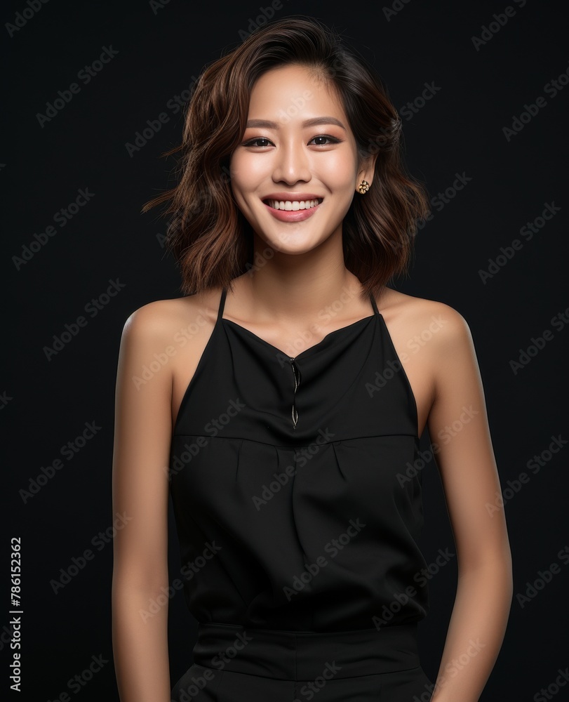 Fototapeta premium A woman in a black dress is smiling and posing for a photo