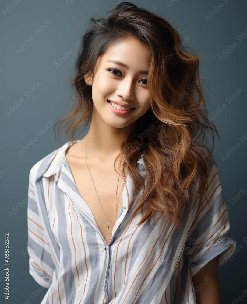 A woman with long brown hair and a white and gray striped shirt is smiling A woman with long brown hair and a white and gray striped shirt is smiling