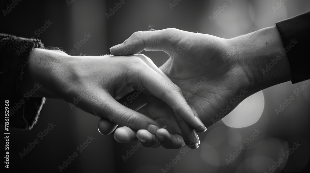 Two hands at the moment of farewell. An emotional black and white photo...