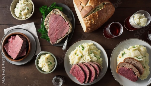 Traditional Irish dinner with corned beef, soda bread and colcannon overhead shot photo