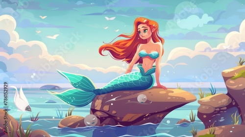 Animated character of beautiful mermaid with red hair and fish tail sitting on rock in sea. Ocean rocky landscape with calm water under cloudy sky. Fairy tale  mythology  modern illustration.