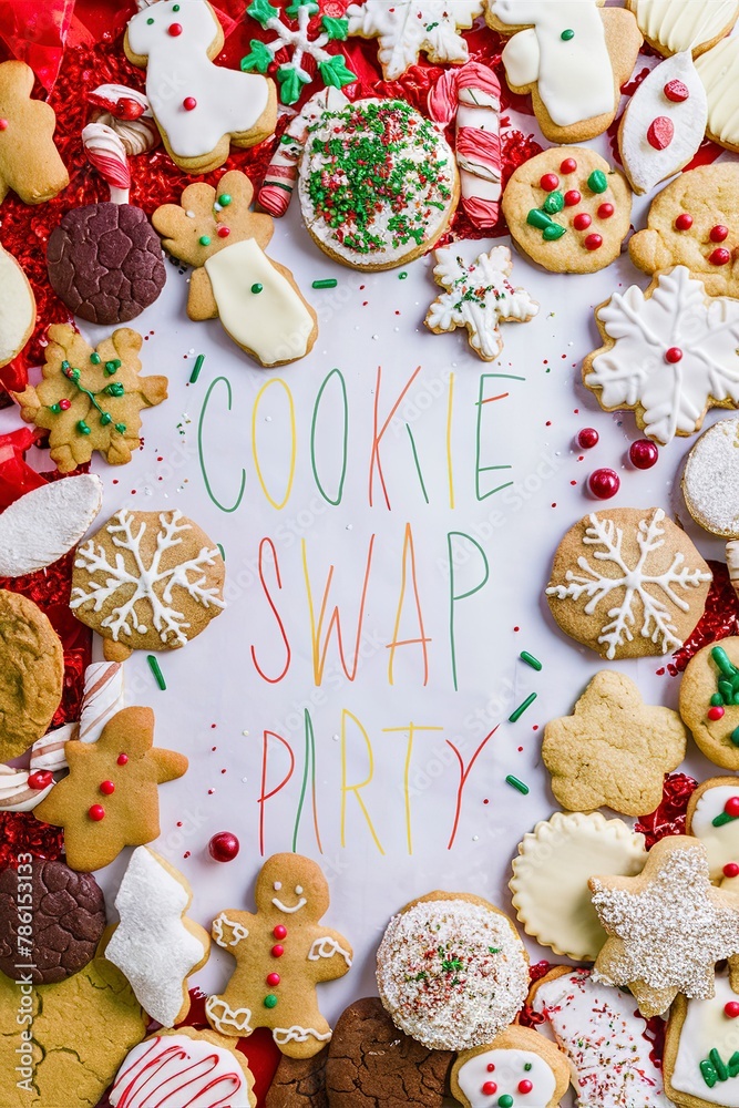 Variety of cookies for Christmas, cookie swap party overhead shot with copy space
