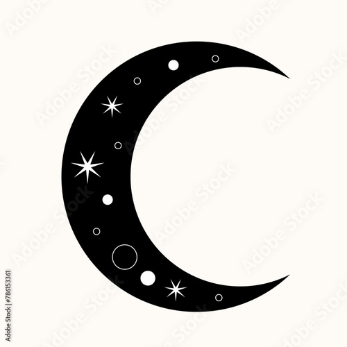 Graphic Magic Boho Moon Symbol Icon. Eternal Balance: The Art of Yin and Yang in Cosmic Harmony. Timeless Dance. Black Meets White in the Endless Cycle of Cosmic Balance. A Simple Symbol.