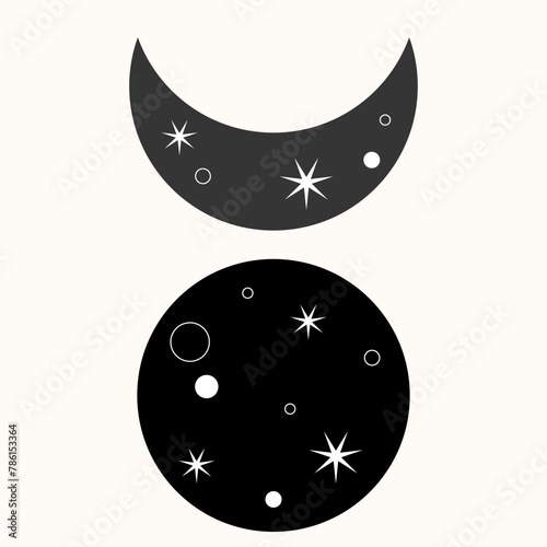 Graphic Magic Boho Moon Symbol Icon. Eternal Balance: The Art of Yin and Yang in Cosmic Harmony. Timeless Dance. Black Meets White in the Endless Cycle of Cosmic Balance. A Simple Symbol.