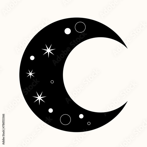 Graphic Magic Boho Moon Symbol Icon. Eternal Balance: The Art of Yin and Yang in Cosmic Harmony. Timeless Dance. Black Meets White in the Endless Cycle of Cosmic Balance. A Simple Symbol.