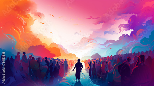 an impressionist-style abstract watercolor painting depicts a diverse group of people united on a colorful rainbow background, commemorating pride month 