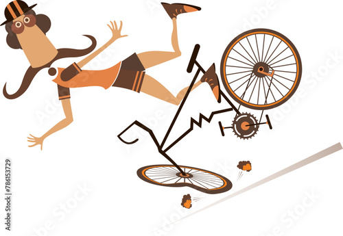 Cartoon man falling down from the bicycle. 
Cartoon long mustache man in the helmet falling down from the bicycle. Isolated on white background
