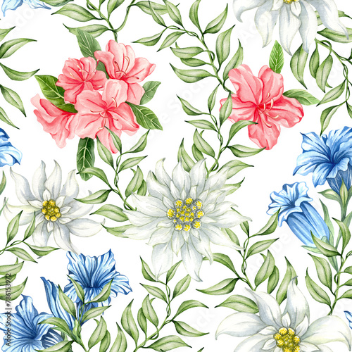 Seamless pattern with alpine flowers. Edelweise, rhododendron, gentiana. Watercolor print for textile, wallpaper, covers, surface.