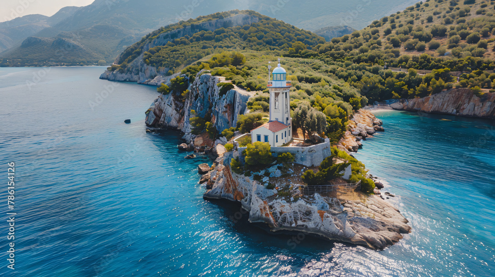 Aerial view of lighthouse on the coast in Lefkada Gree