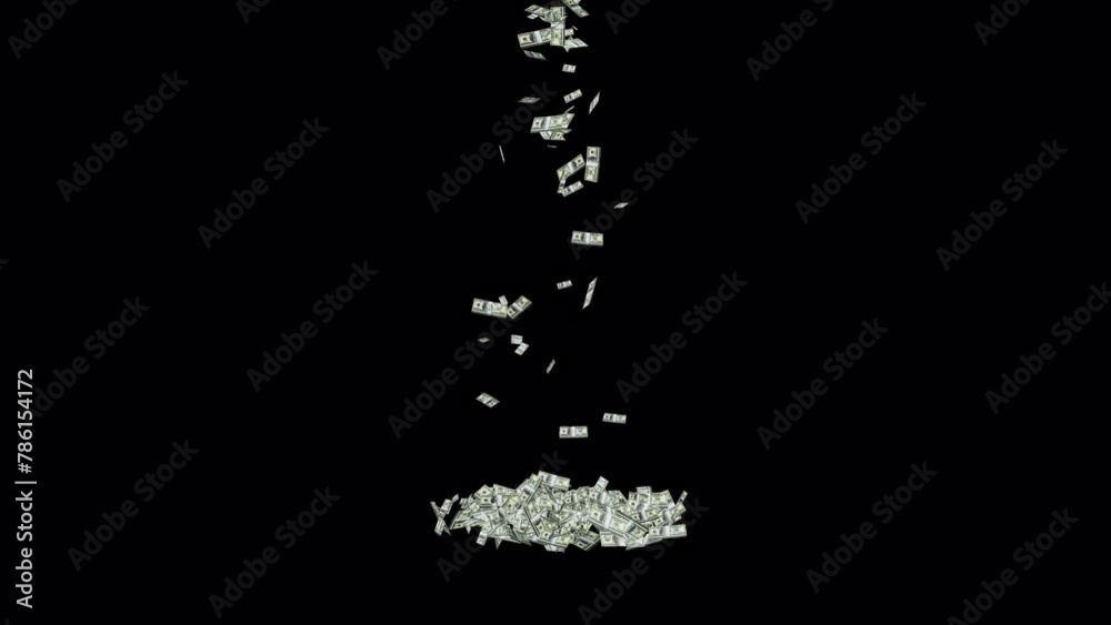 Money drop. Money rain animation on transparent background. Falling rotating Money. Falling money rain motion background with alpha channel. Money drop. Money rain animation on transparent background. Falling rotating Money. Falling money rain motion background with alpha channel.