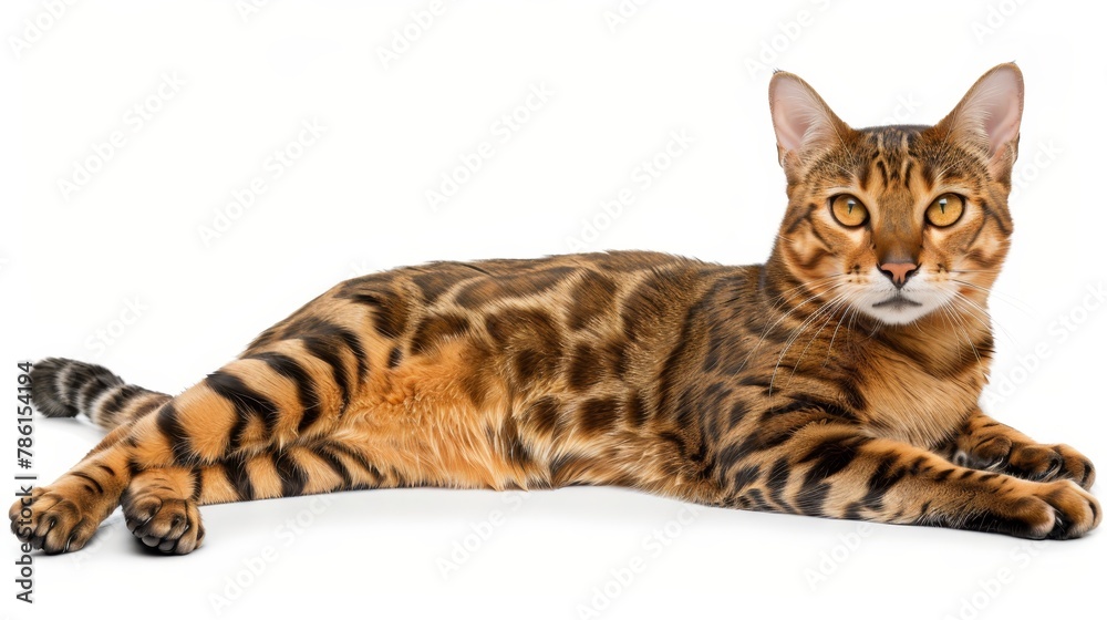 Hyperrealistic photo of bengal cat on white background, pet care concept, banner Hyperrealistic photo of bengal cat on white background, pet care concept, banner